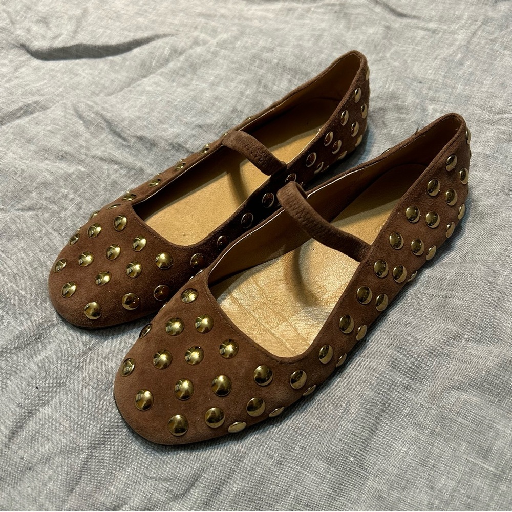 Madewell The Greta Mary Jane Ballet Flat Studded Brown Suede Soft Mahogany Sze 6